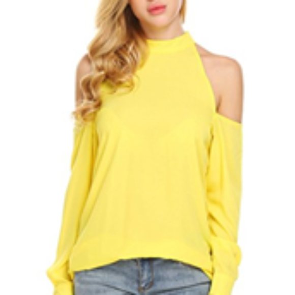 SoTeer  Yellow Chiffon Open Shoulder Summer Blouse - Picture 1 of 9